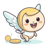 Cute cartoon cupid with coin and coin. Vector illustration.