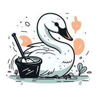 Swan with bucket of water. Vector illustration in doodle style.