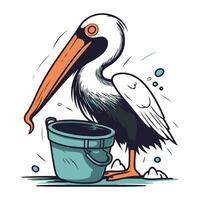 Pelican with bucket and pail of water. Vector illustration.