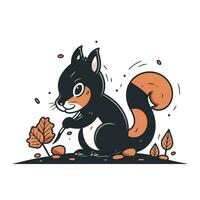 Squirrel with autumn leaves. Vector illustration in doodle style.