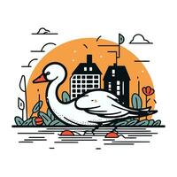 Vector illustration of a swan on the background of the city.