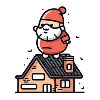 Vector illustration of a funny santa claus on the roof of a house.