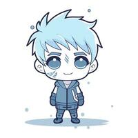 Cute cartoon boy with blue hair and blue eyes. Vector illustration.
