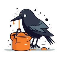 Crow and bucket of water. Vector illustration in cartoon style.