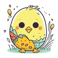 Cute little chick with a chicken on a white background. Vector illustration.