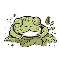 Cute cartoon frog with green leaves. Vector illustration isolated on white background.