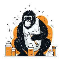 Gorilla with a hammer in his hand. Vector illustration.
