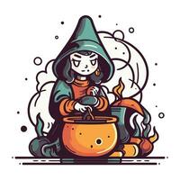 Halloween vector illustration. Cute witch with a pot of potion