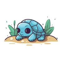 Cute cartoon turtle on the sand. Vector illustration isolated on white background.