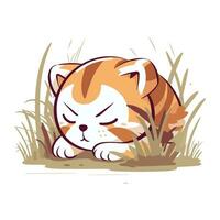 Cute cat sleeping on grass. Vector illustration in cartoon style.