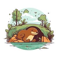 Cute otter in the forest. Vector illustration in a flat style.