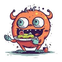 Funny cartoon monster with a plate of food. Vector illustration.