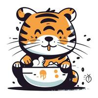 Cute cartoon tiger in a bowl with rice. Vector illustration.