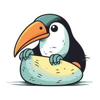 Cute cartoon toucan holding a piece of ice. Vector illustration.