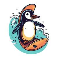 Cute penguin with surfboard. Vector illustration in cartoon style.