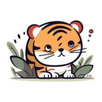 Cute tiger sitting on the grass. Vector illustration in cartoon style.