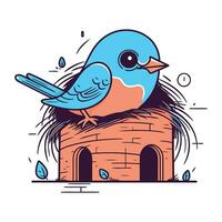 Vector illustration of a cute blue bird sitting on a brick chimney