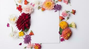 Top view blank card with flowers Abstract organic flowers Blooming floral on white background photo