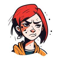 Vector illustration of a sad girl with red hair in a yellow raincoat.