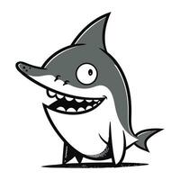 Cartoon happy shark isolated on white background. Vector illustration in black and white colors.