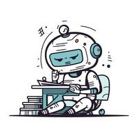 Vector illustration of a cute robot sitting on a table with books.