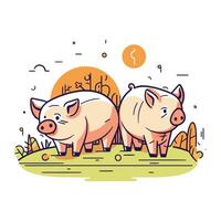 Vector illustration of two cute pigs in the field. Piggy farm animal.