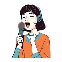 hermosa niña canto karaoke con micrófono. vector ilustración.