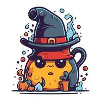 Cute Halloween pumpkin with witch hat and potion. Vector illustration.