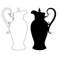 Jugs vintage in a shapes with a silhouette and outline in black color. Decor element vector