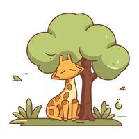 Giraffe sitting under a tree. Flat style vector illustration.