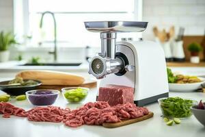 Electric meat grinder with beef mince at kitchen table. Generate Ai photo