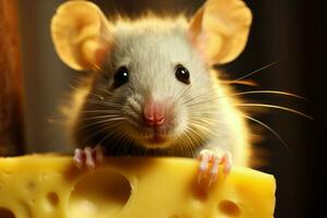 Whiskered Cute rat with cheese. Generate Ai photo