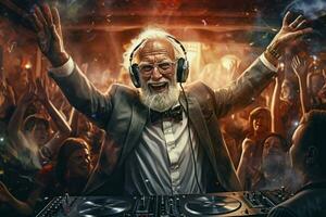 Joyful Dj old man party dancing people club. Generate Ai photo