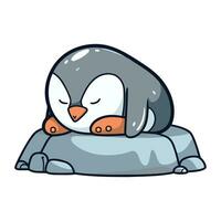 Penguin sleeping on the rock. Cute cartoon vector illustration.