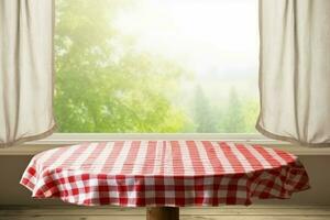 Empty table with red and white checkered tablecloth in room. Generate Ai photo