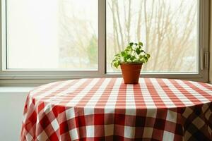 Empty round table with red and white checkered tablecloth. Generate Ai photo