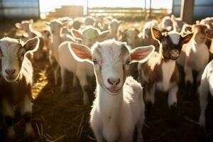 Cute goats inside of paddock at farm in sunny day. Generate AI photo