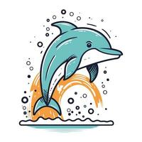 Dolphin jumping out of the water. Vector hand drawn illustration.