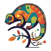 Colorful chameleon on a tree. Colored vector illustration.