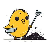 Cute little yellow chick with shovel and rake. Vector illustration.