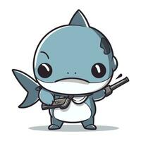 Cute shark holding gun character cartoon vector illustration. Cute cartoon shark.