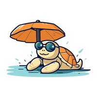 Cute cartoon turtle in sunglasses with an umbrella. Vector illustration.