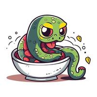 Funny cartoon snake in bowl. Vector illustration for your design.