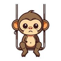 Cute monkey on a swing isolated on white background. Vector illustration.