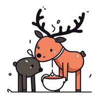 Vector illustration of cute cartoon reindeer with black cat and bowl of milk.