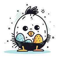 linda dibujos animados pollo con huevo en sus nido. vector ilustración.