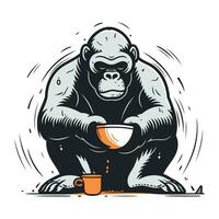 Gorilla with a cup of coffee. Vector illustration for your design