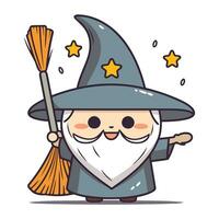 Witch with broom cartoon character. Halloween vector illustration. Cute and funny.