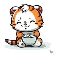 Cute little tiger with a bowl of milk. Vector illustration.