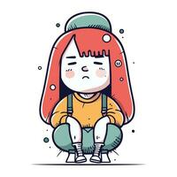 triste pequeño niña sentado en el piso. vector ilustración en dibujos animados estilo.